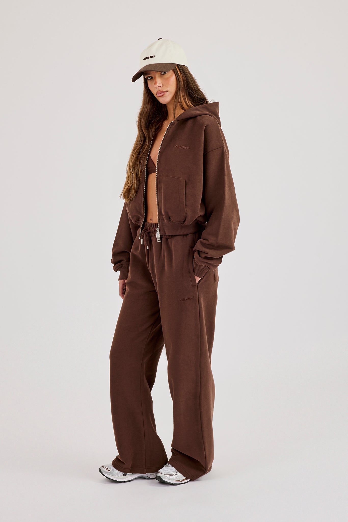Cernucci Cropped Zip Through Hoodie & Wide Leg Jogger - Midnight Mocha